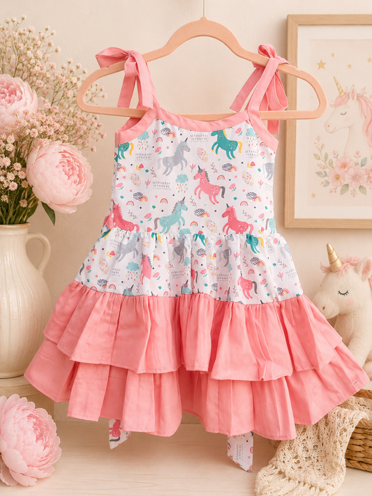 Rainbow Unicorn Dress for Girls | Handmade Premium Cotton Ruffle Dress