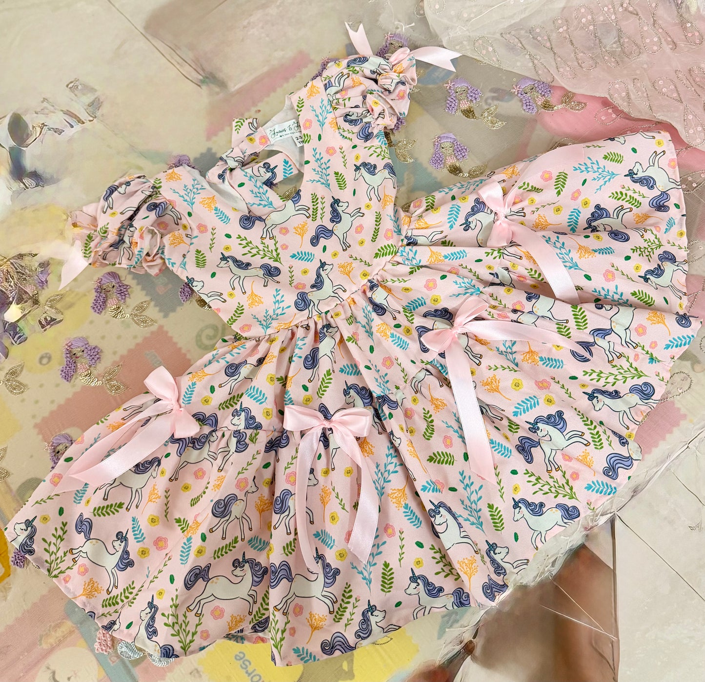 Whimsy Unicorn Dress | Handmade Unicorn Print Cotton Dress for Girls | Pink Birthday & Party Dress