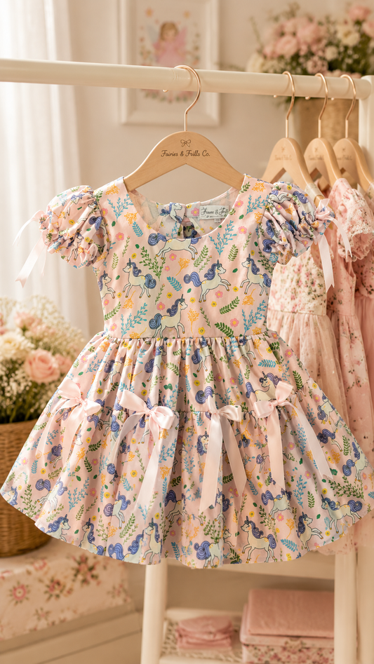Whimsy Unicorn Dress | Handmade Unicorn Print Cotton Dress for Girls | Pink Birthday & Party Dress