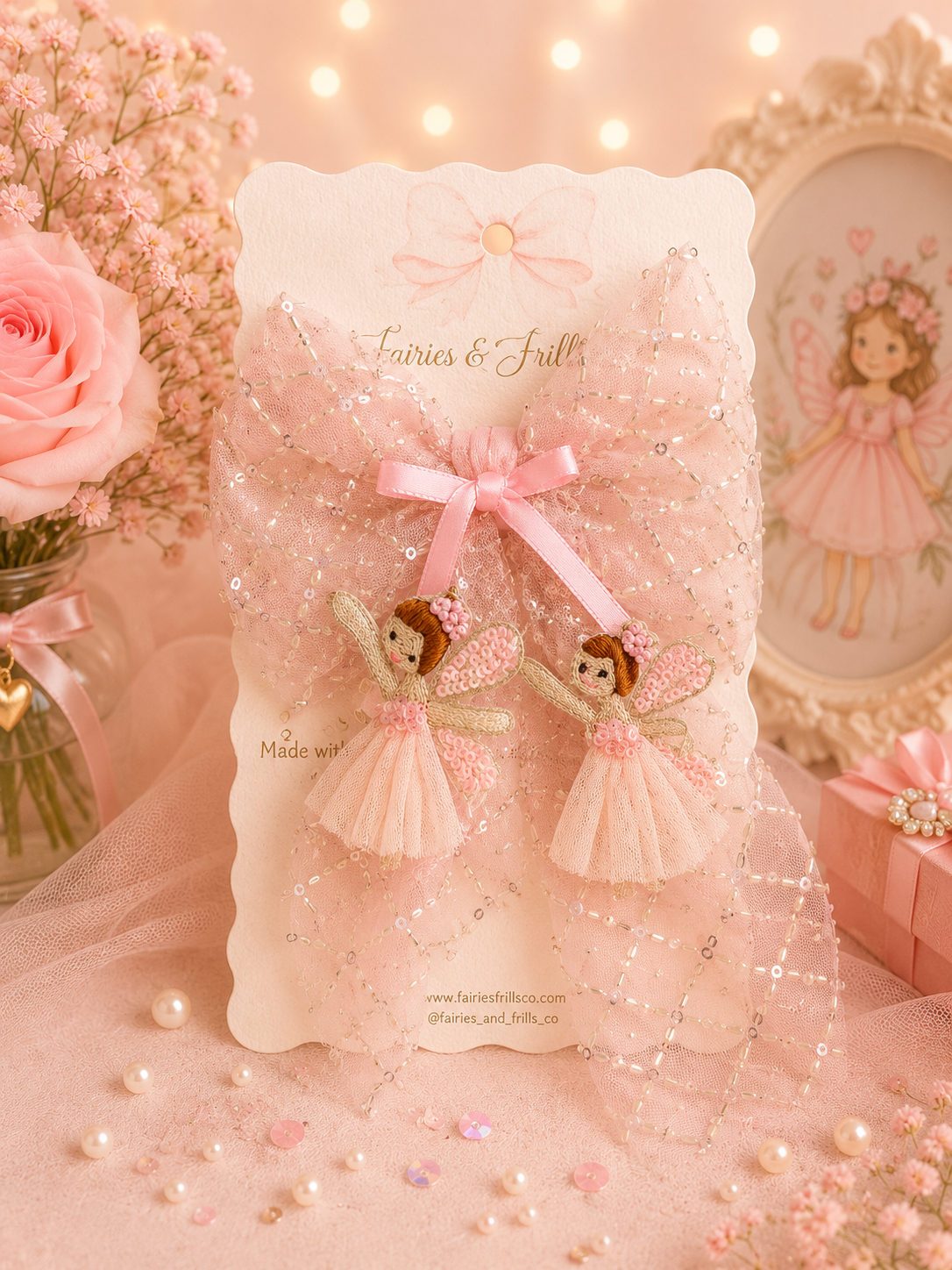 Angelwing Fairy Bow| Handmade Fairy Hair Bow for Girls | Luxury Pink Hair Clip with Fairy Charms