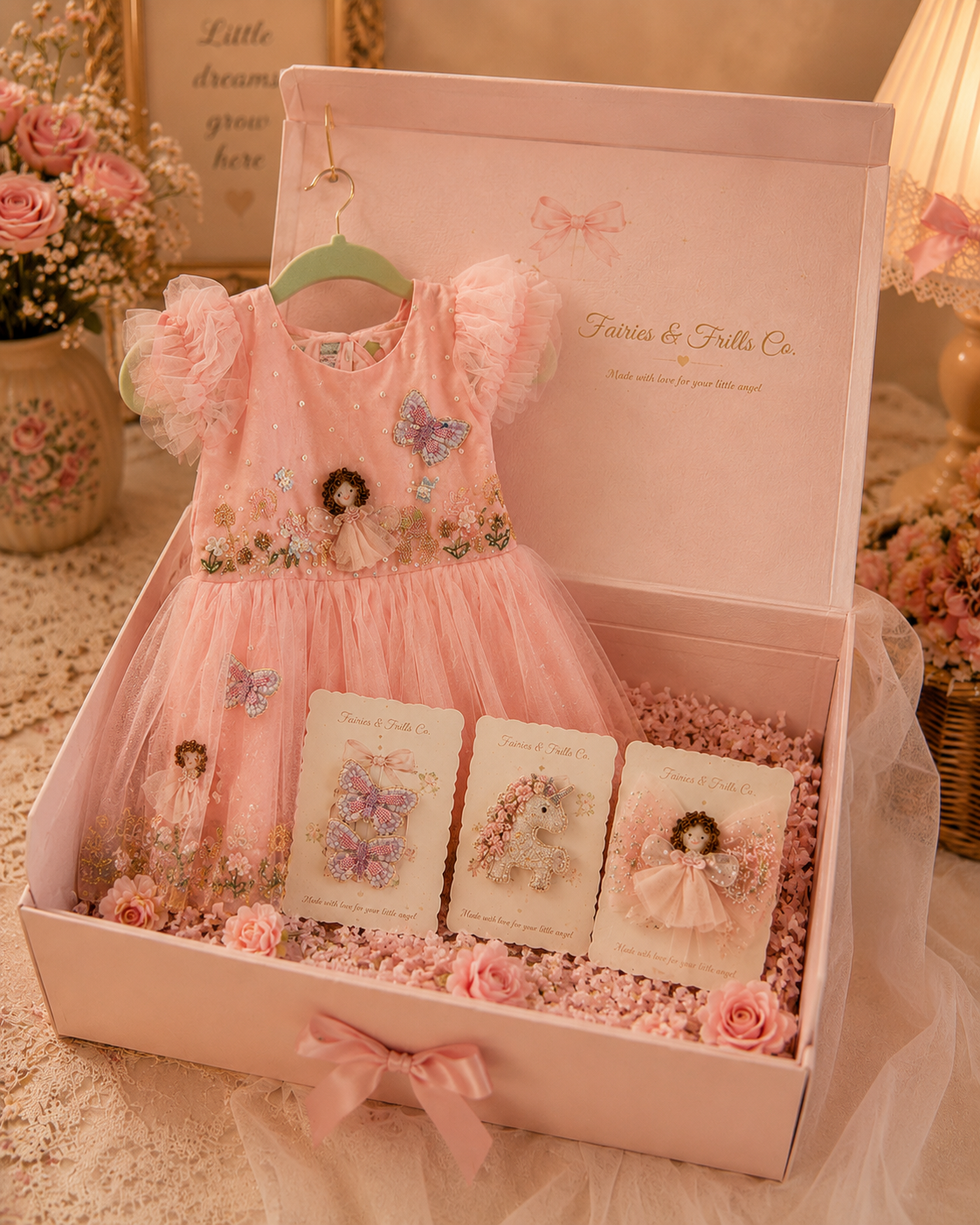 Fairywhisper Birthday Ensemble Box | Handmade Fairy Dress & 3 Hair Accessories | Fairies & Frills Co.