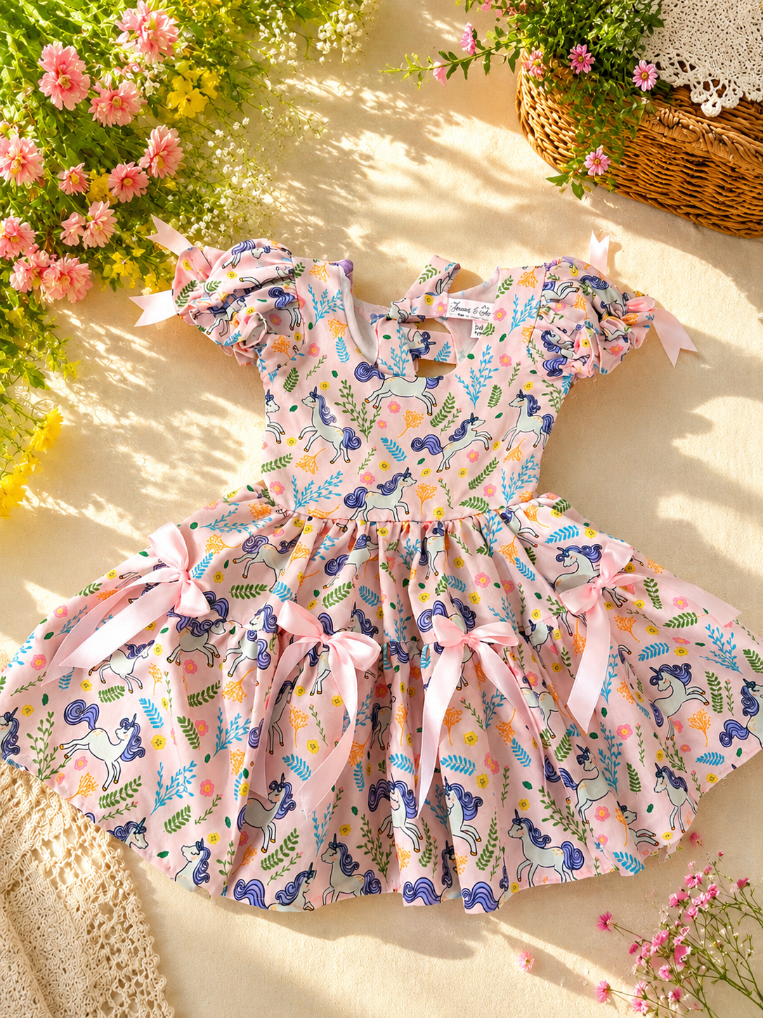 Whimsy Unicorn Dress | Handmade Unicorn Print Cotton Dress for Girls | Pink Birthday & Party Dress