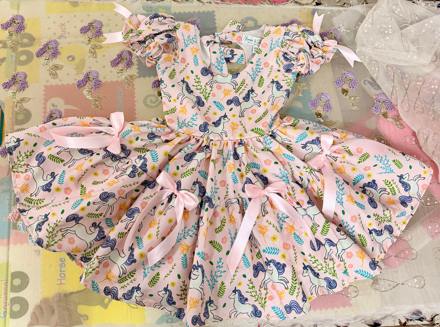 Whimsy Unicorn Dress | Handmade Unicorn Print Cotton Dress for Girls | Pink Birthday & Party Dress