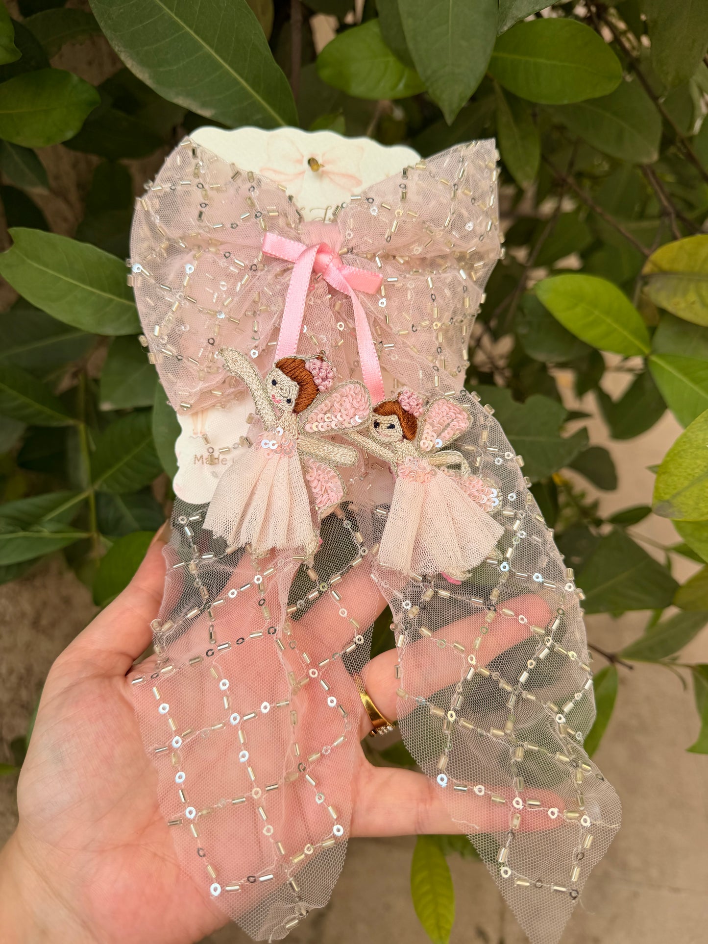 Angelwing Fairy Bow| Handmade Fairy Hair Bow for Girls | Luxury Pink Hair Clip with Fairy Charms