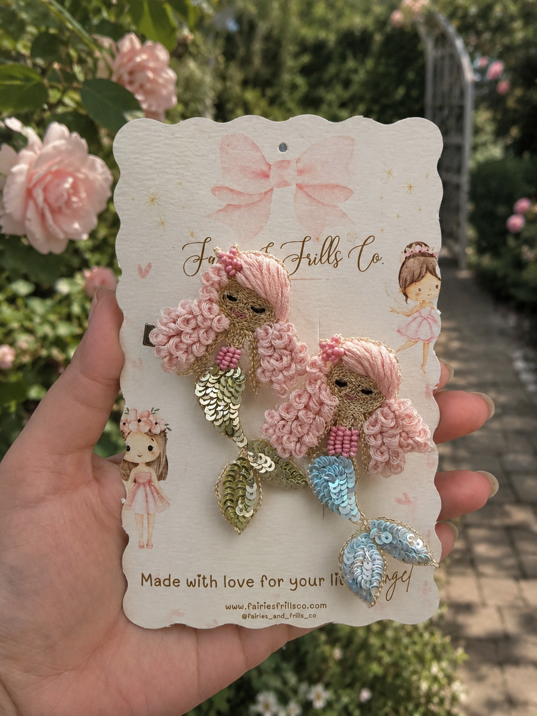 Twin Mermaid Sweethearts Hair Clips | Handmade Embroidered Mermaid Hair Clip Set for Girls