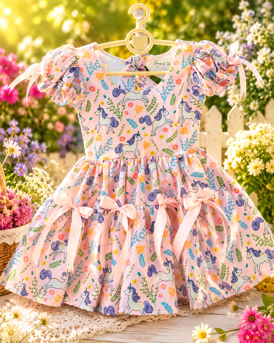 Whimsy Unicorn Dress | Handmade Unicorn Print Cotton Dress for Girls | Pink Birthday & Party Dress