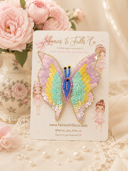Pastel Rainbow Butterfly Hair Clip | Luxury Handmade Sequin Butterfly Clip for Girls